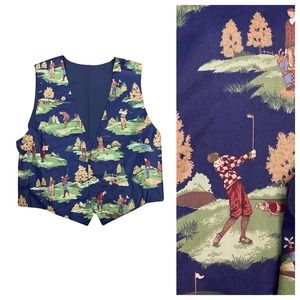 1990s Novelty Print Golf Sleeveless Vest with Belted Back / XL